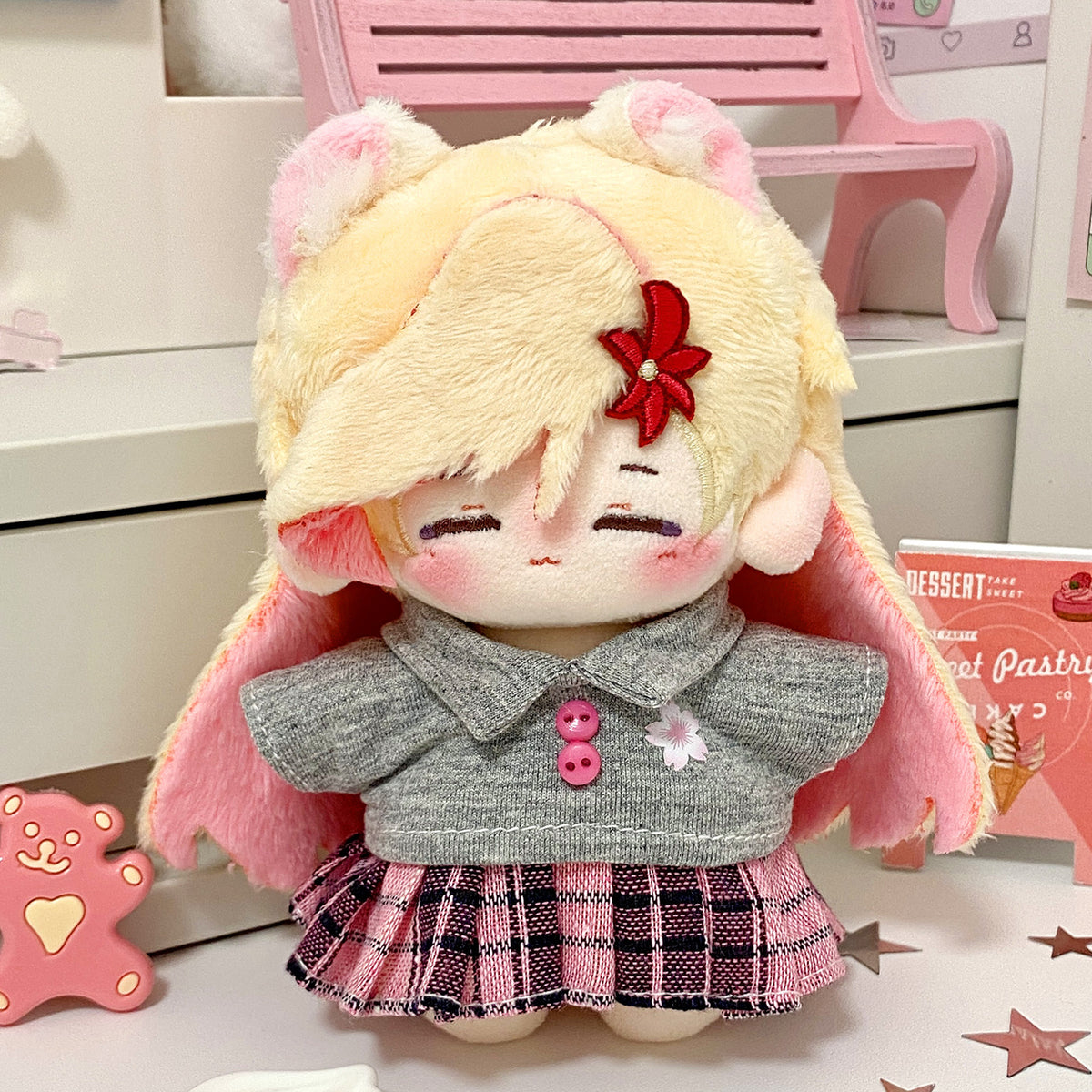 Pink plaid top and pleated skirt set for 10cm plush