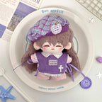 Purple artist outfit set styled on a seated 10cm plush