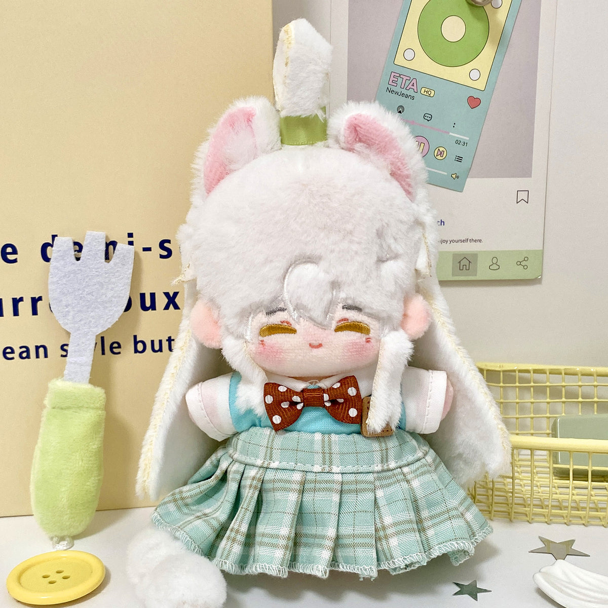 Mint plaid top and pleated skirt set for 10cm plush