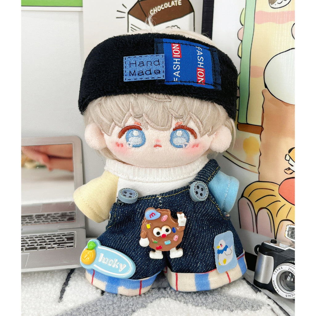 Denim patchwork overall set with color-block top and black headband for 10cm plush