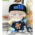 Denim patchwork overall set with color-block top and black headband for 10cm plush